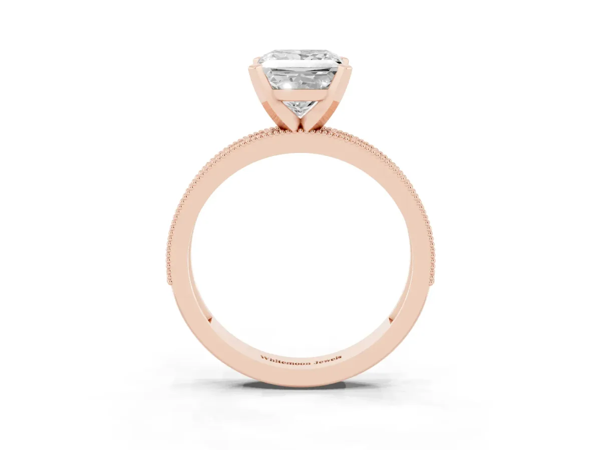 Princess Cut Diamond Milgrain Pavé Engagement Ring with Four-Prong Setting Rose gold