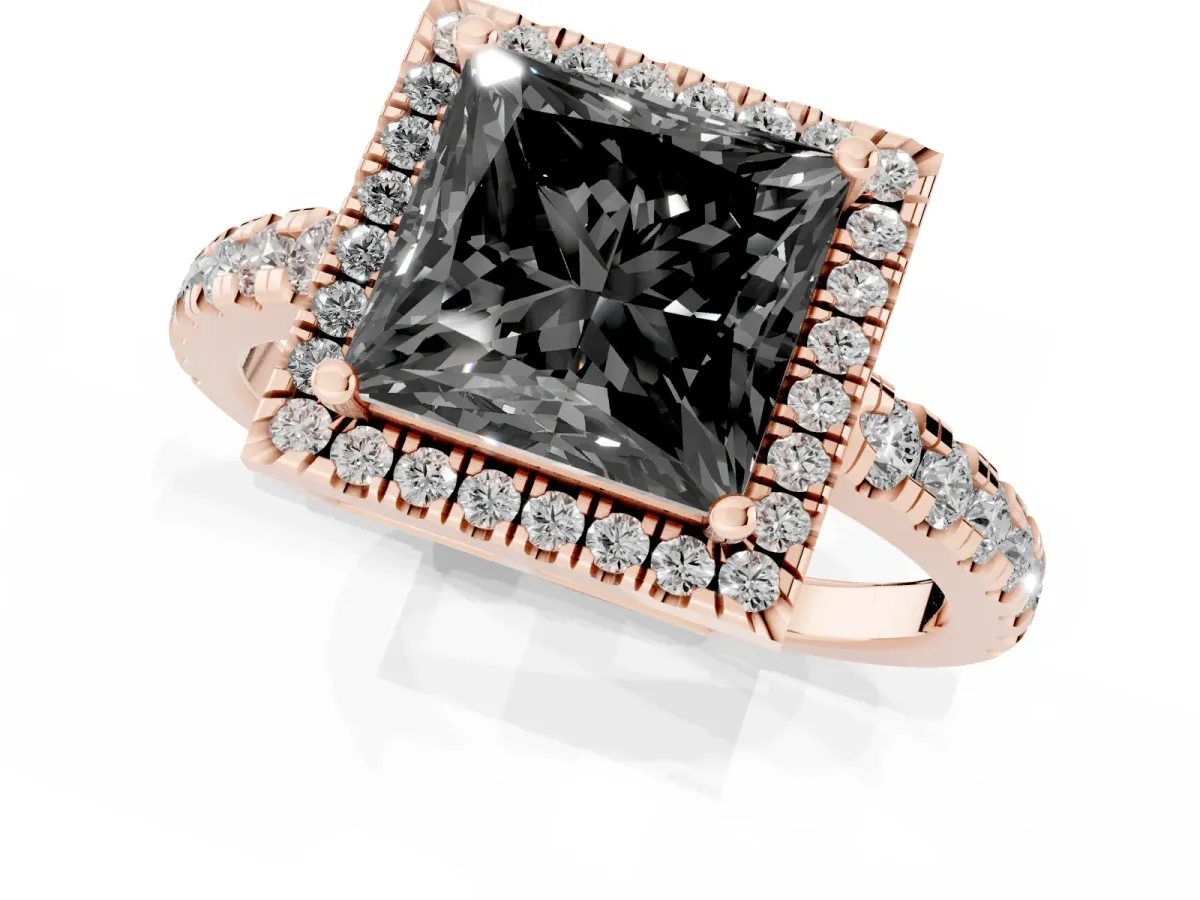 Fancy Black Princess Cut Diamond Halo Ring with Pavé Band and Four-Prong Setting Rose gold