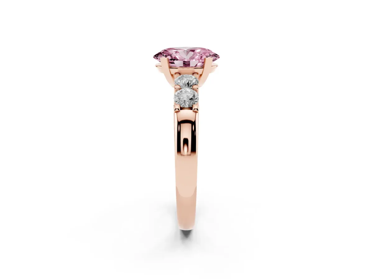 Fancy Pink Oval Cut Brilliant Cut Diamond Five-Stone Prong Set Engagement Ring with Channel Band Rose gold