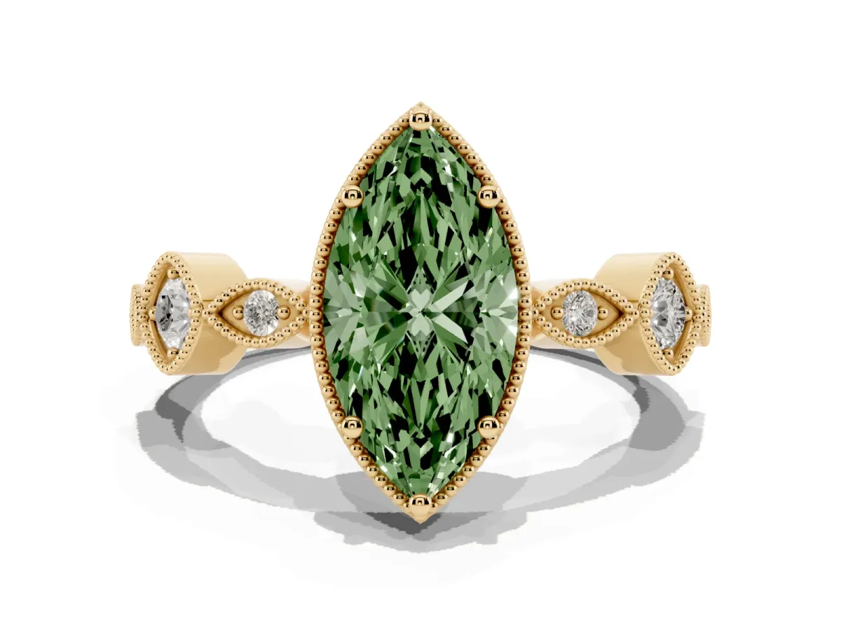 Fancy Green Marquise Cut Diamond Vintage Milgrain Ring with Round Stations Yellow gold