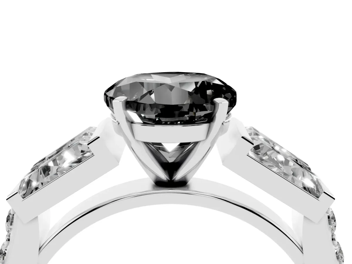 Fancy Black Round Cut Diamond Engagement Ring with Baguette Side Stones and Channel Set Band Platinum