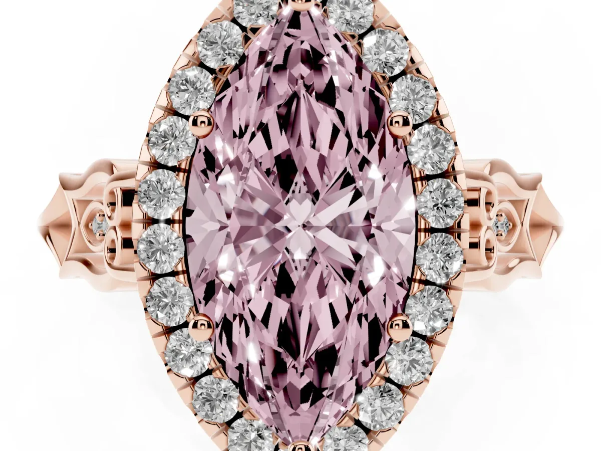 Fancy Pink Marquise Cut Halo Diamond Engagement Ring with Filigree Band and Four-Prong Setting Rose gold