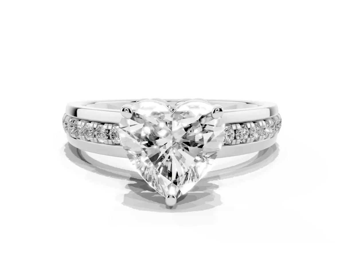 Heart Cut Solitaire Diamond Ring with Channel Set Band and Six-Prong Setting Silver