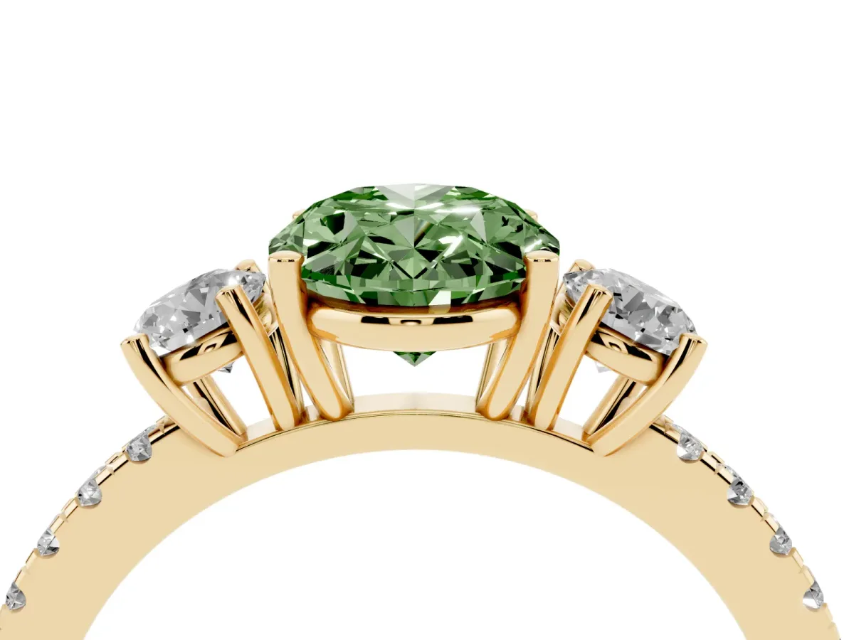 Fancy Green Three-Stone Oval Cut Cut Diamond Pavé Band with Prong Setting Yellow gold