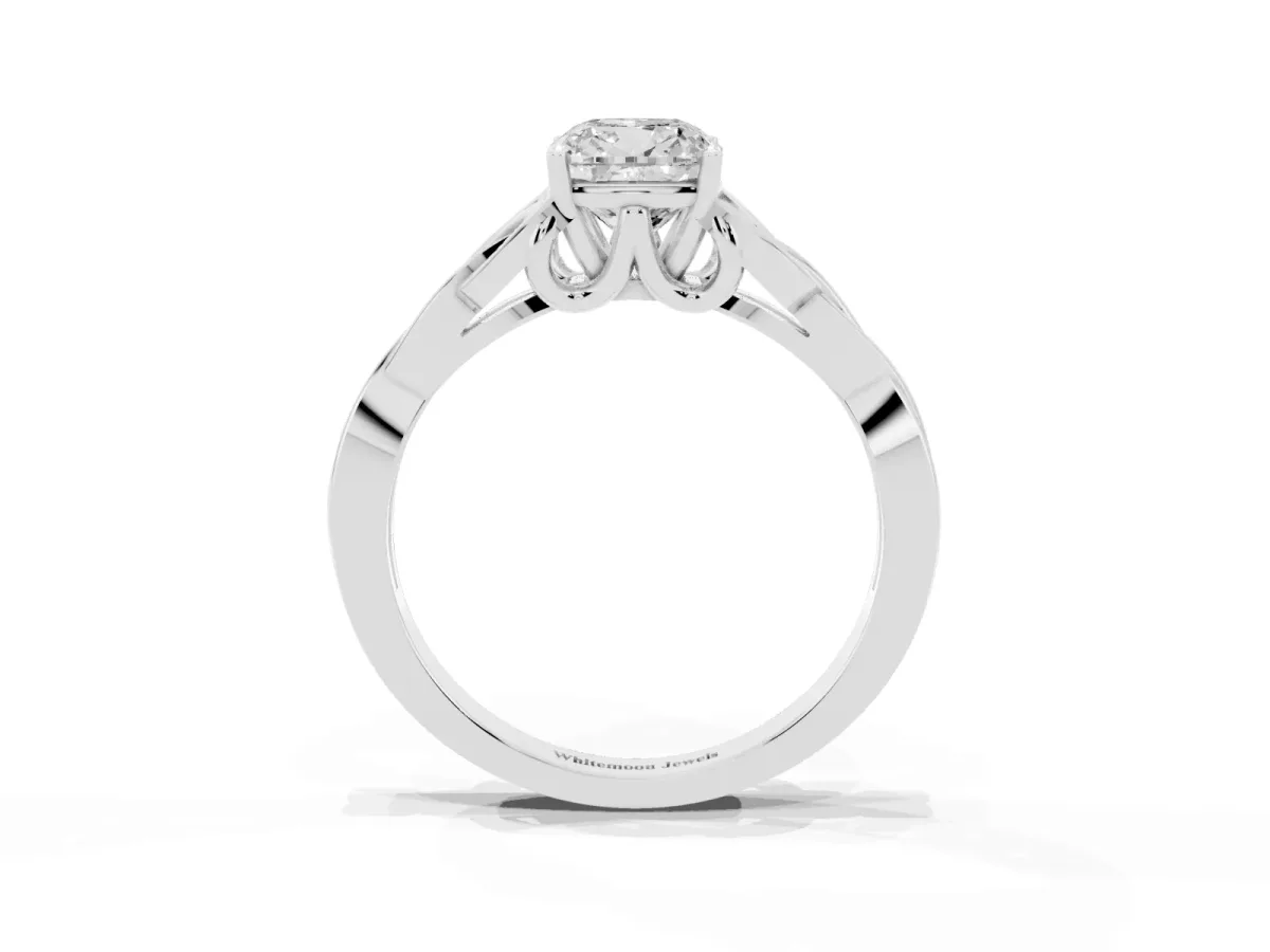 Cushion Cut Diamond Solitaire Engagement Ring with Celtic Knot Band and Four-Prong Setting Platinum
