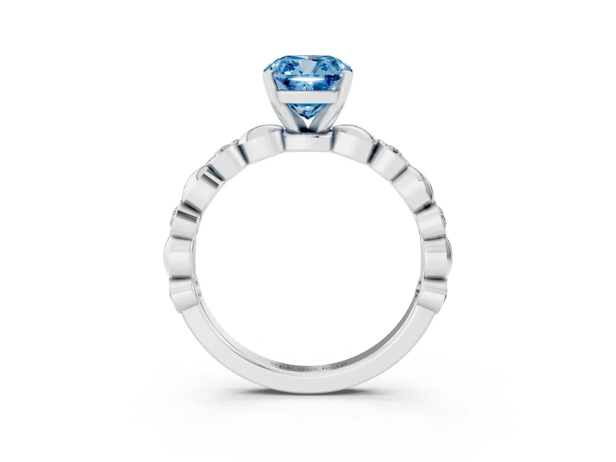 Fancy Blue Cushion Cut Solitaire Bezel-Set Diamond Ring with Beaded Band and Four-Prong Setting Silver