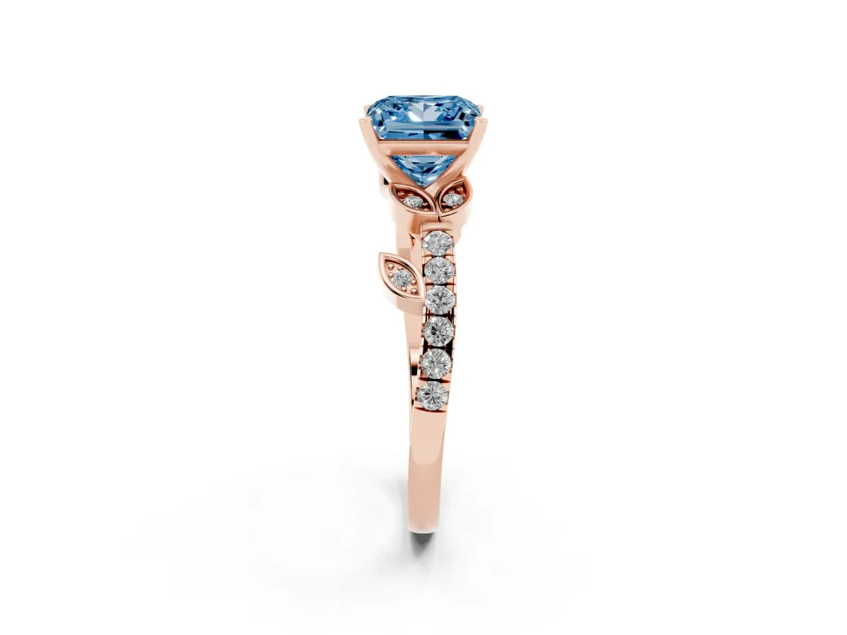 Fancy Blue Princess Cut Solitaire Leaf-Inspired Diamond Ring with Pavé Band and Four-Prong Setting Rose gold