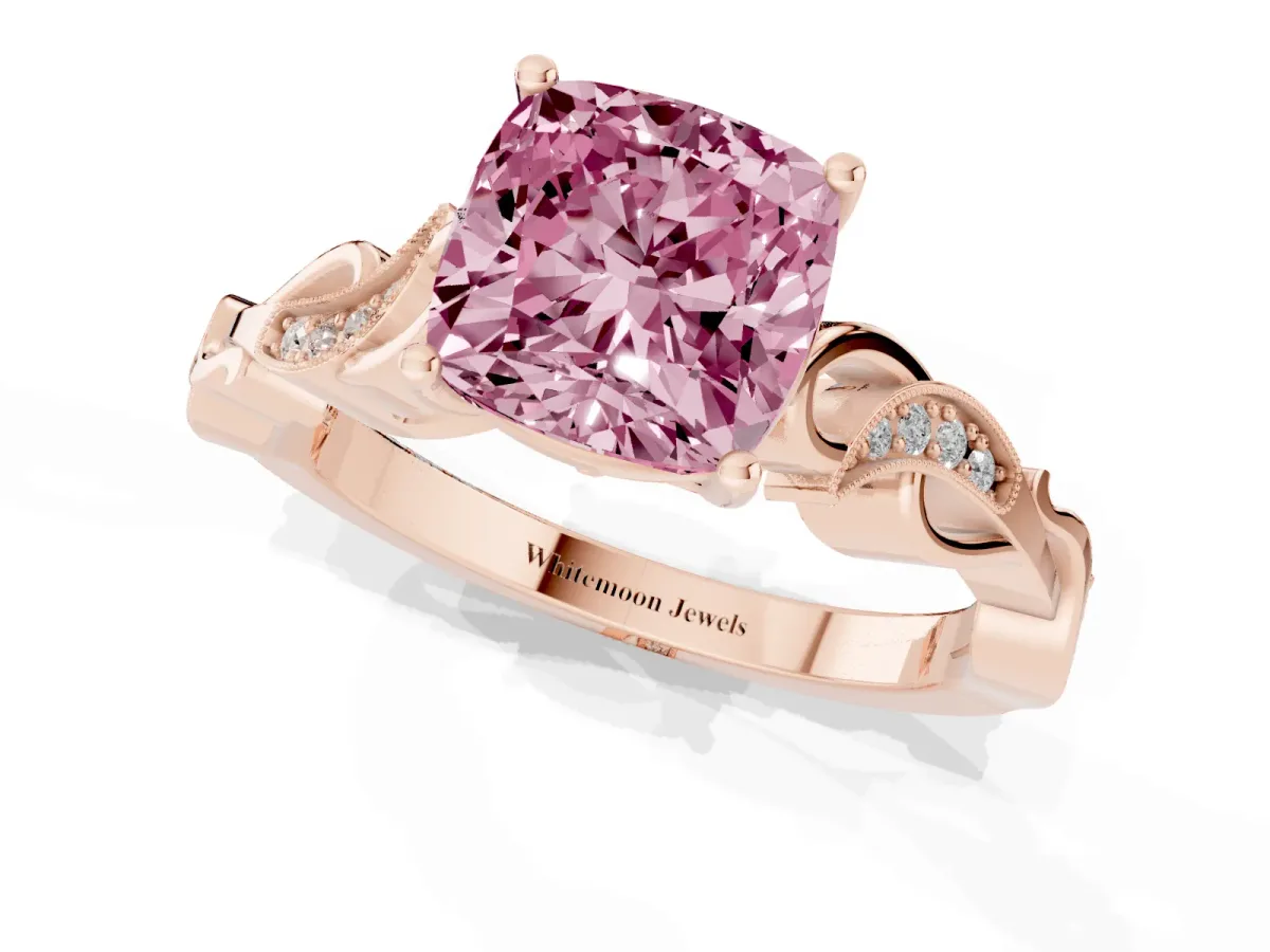 Fancy Pink Cushion Cut Solitaire Vine Band with Milgrain Prong Setting Rose gold