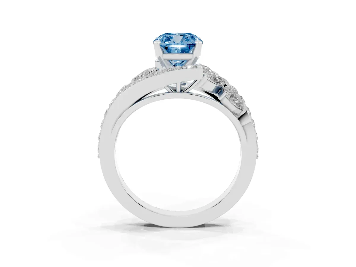 Fancy Blue Cushion Cut Diamond Halo Ring with Marquise and Pavé Band in Prong Setting Silver