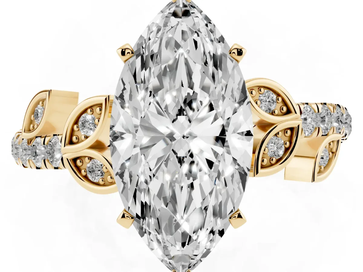 Marquise Cut Solitaire Leaf-Inspired Diamond Ring with Pavé Band and Four-Prong Setting Yellow gold