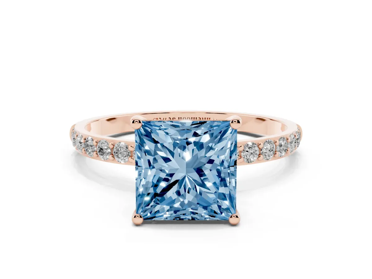 Fancy Blue Princess Cut Diamond Solitaire Ring with Round Pavé Shoulders and Prong Setting Rose gold