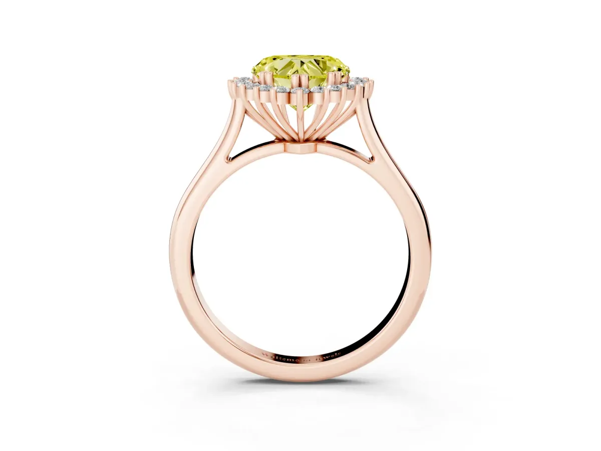 Fancy Yellow Heart Cut Cut Diamond Halo Ring with Solitaire Band and Prong Setting Rose gold