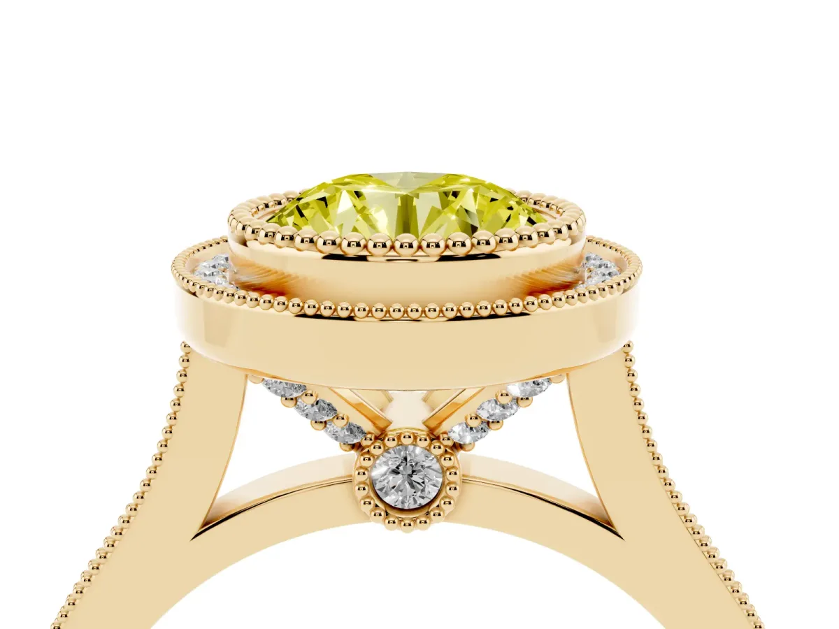 Fancy Yellow Round Cut Diamond Halo Ring with Milgrain Frame and Pavé Band Yellow gold