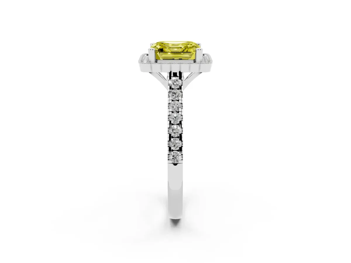 Fancy Yellow Asscher Cut Cut Diamond Milgrain Floral Halo Engagement Ring with Pavé Band Silver