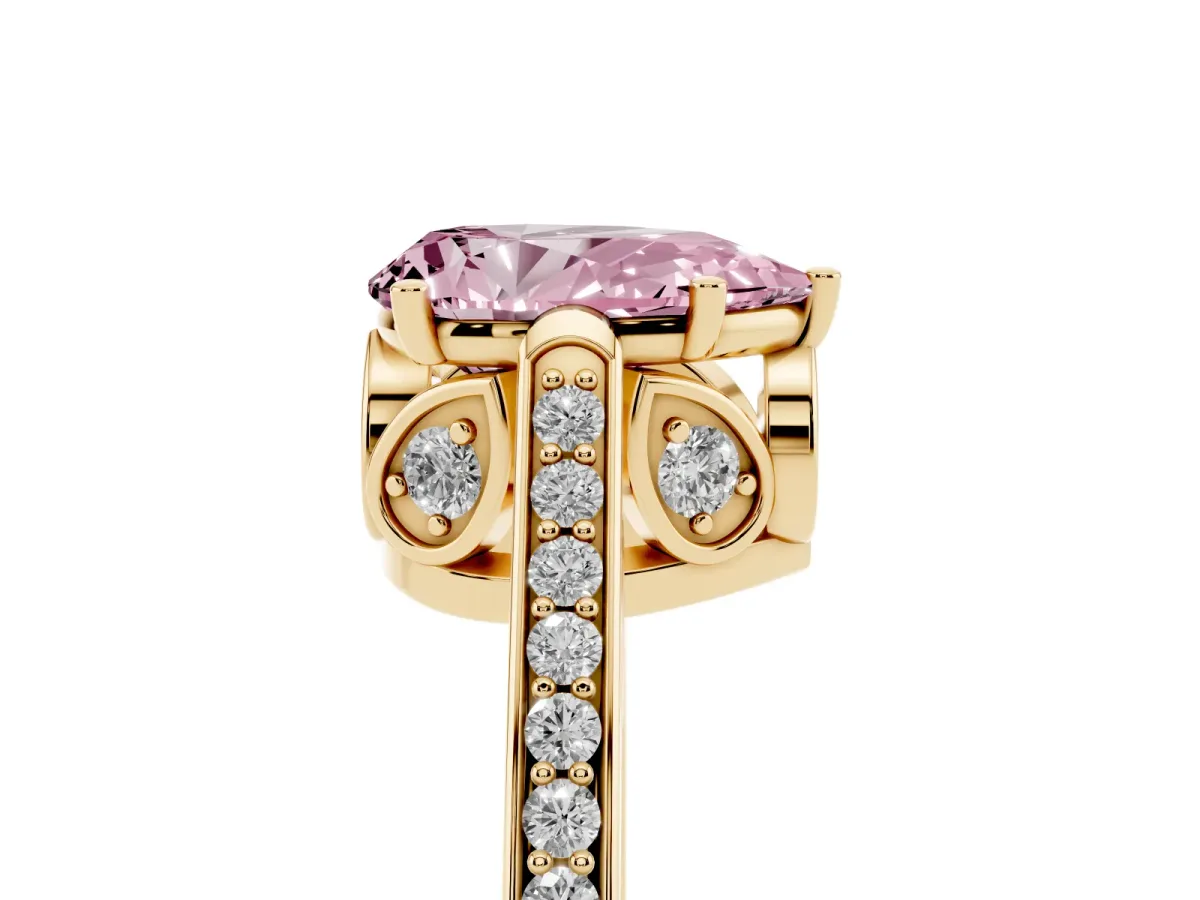 Fancy Pink Pear Cut Cut Cathedral Pave Diamond Engagement Ring with Six-Prong Setting Yellow gold