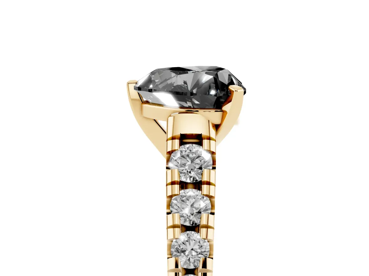 Fancy Black Heart Cut Diamond Cathedral Solitaire Ring with Round Pavé Band Yellow gold
