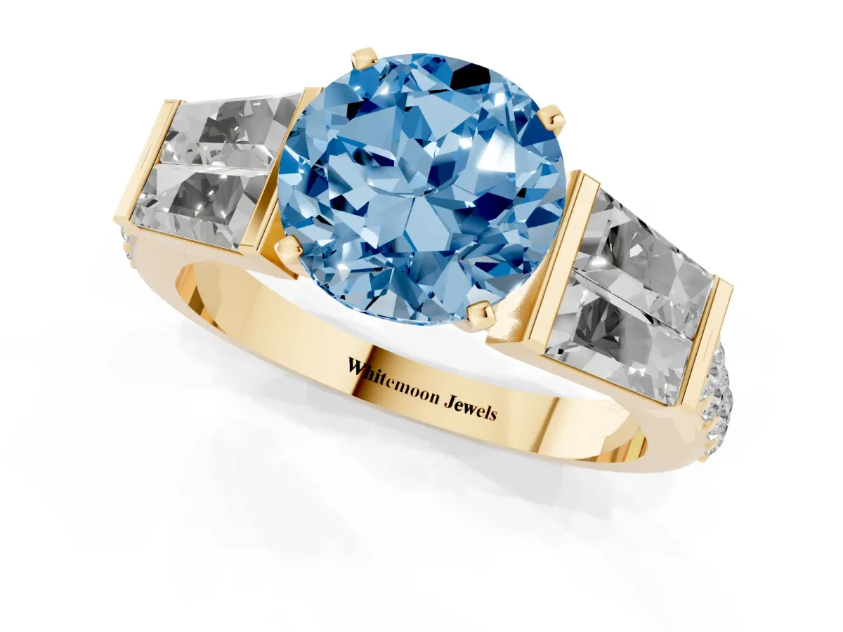 Fancy Blue Round Cut Diamond Engagement Ring with Baguette Side Stones and Channel Set Band Yellow gold