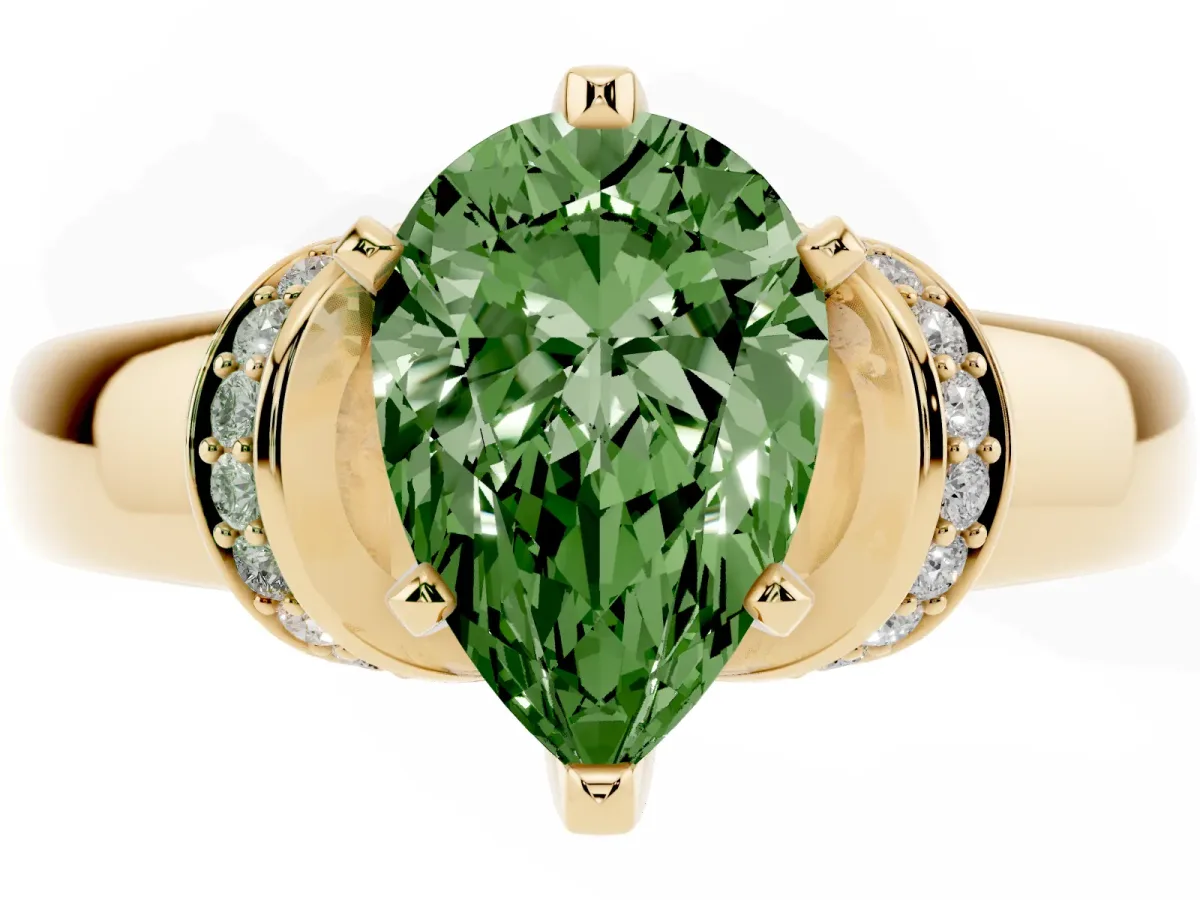 Fancy Green Pear Cut Solitaire Diamond Ring with Pave Band and Six-Prong Setting Yellow gold