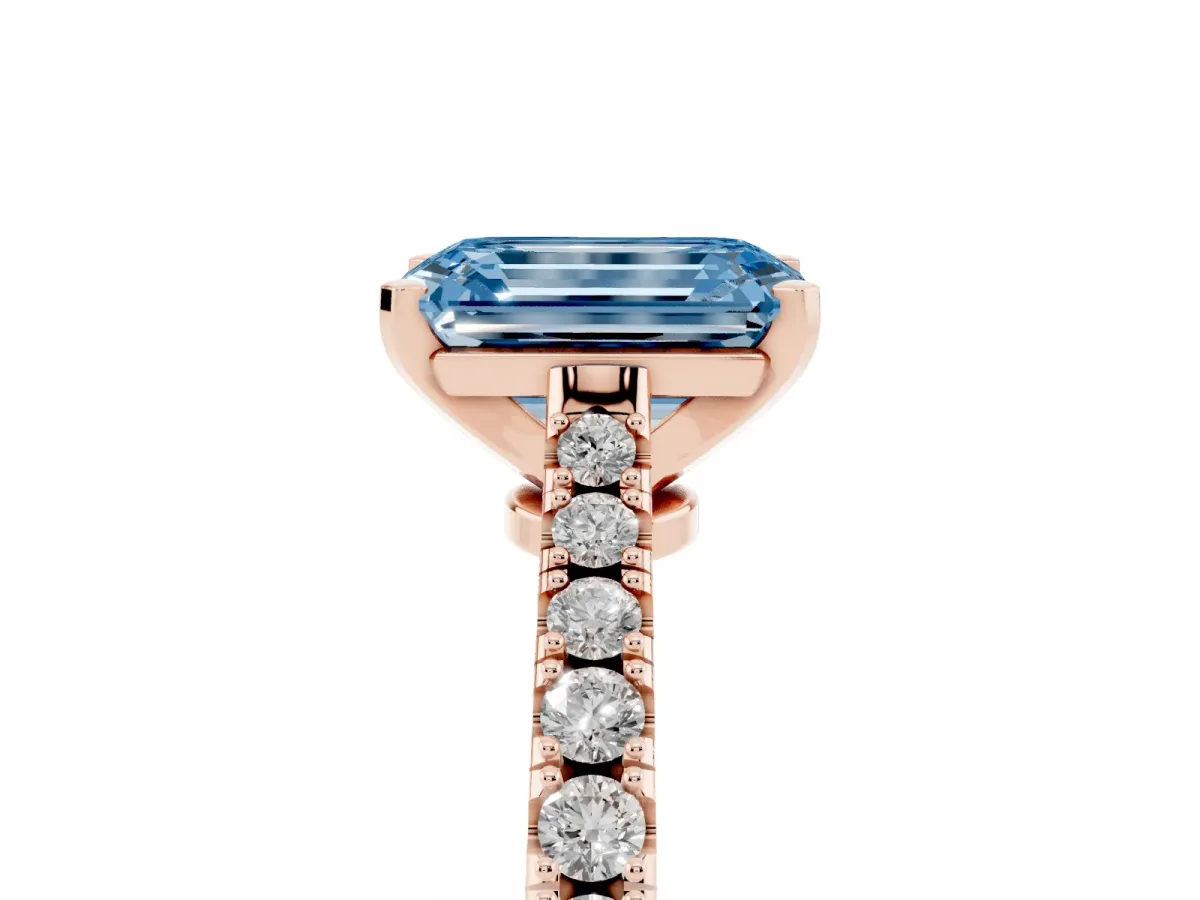 Fancy Blue Emerald Cut Cut Solitaire Diamond Engagement Ring with Pave Band and Four-Prong Setting Rose gold