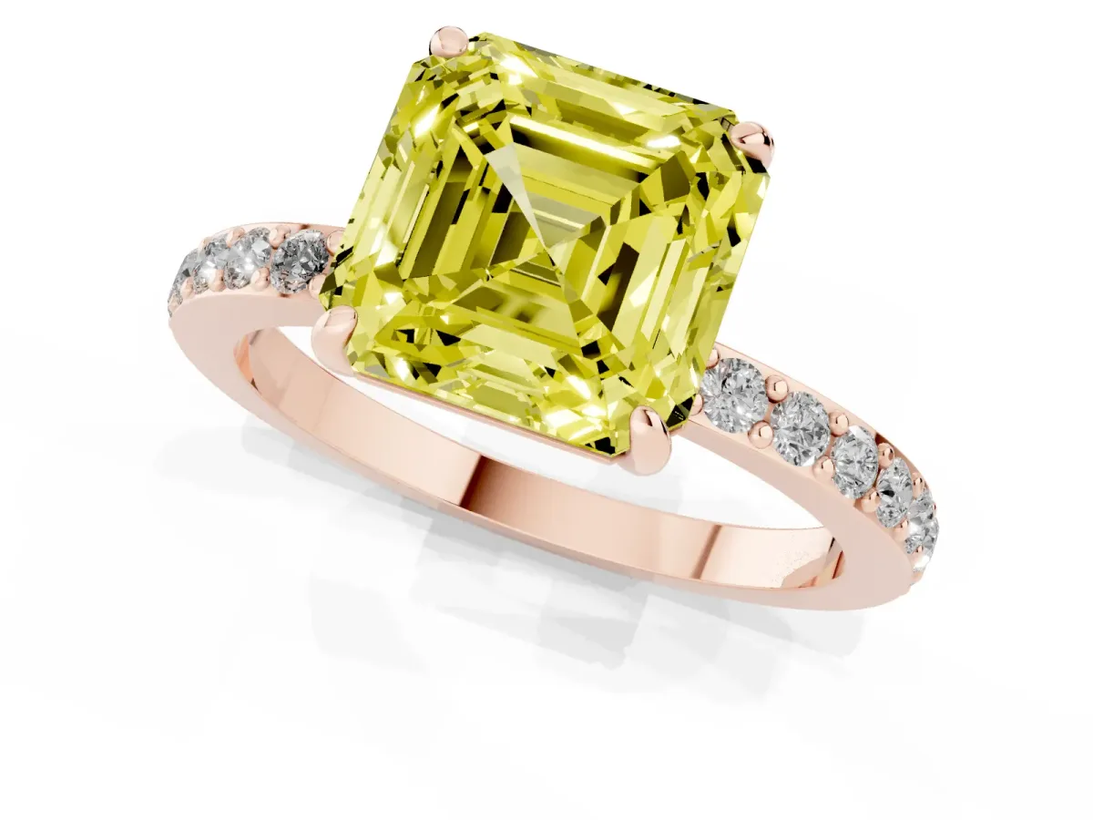 Fancy Yellow Asscher Cut Diamond Solitaire Engagement Ring with Pavé Band and Four-Prong Setting Rose gold