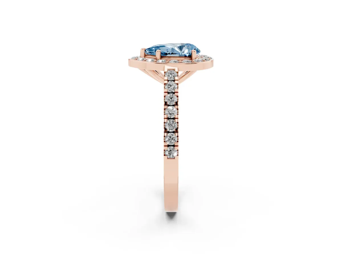 Fancy Blue Pear Cut Diamond Halo Ring with Round Pavé Split Shank and Prong Setting Rose gold