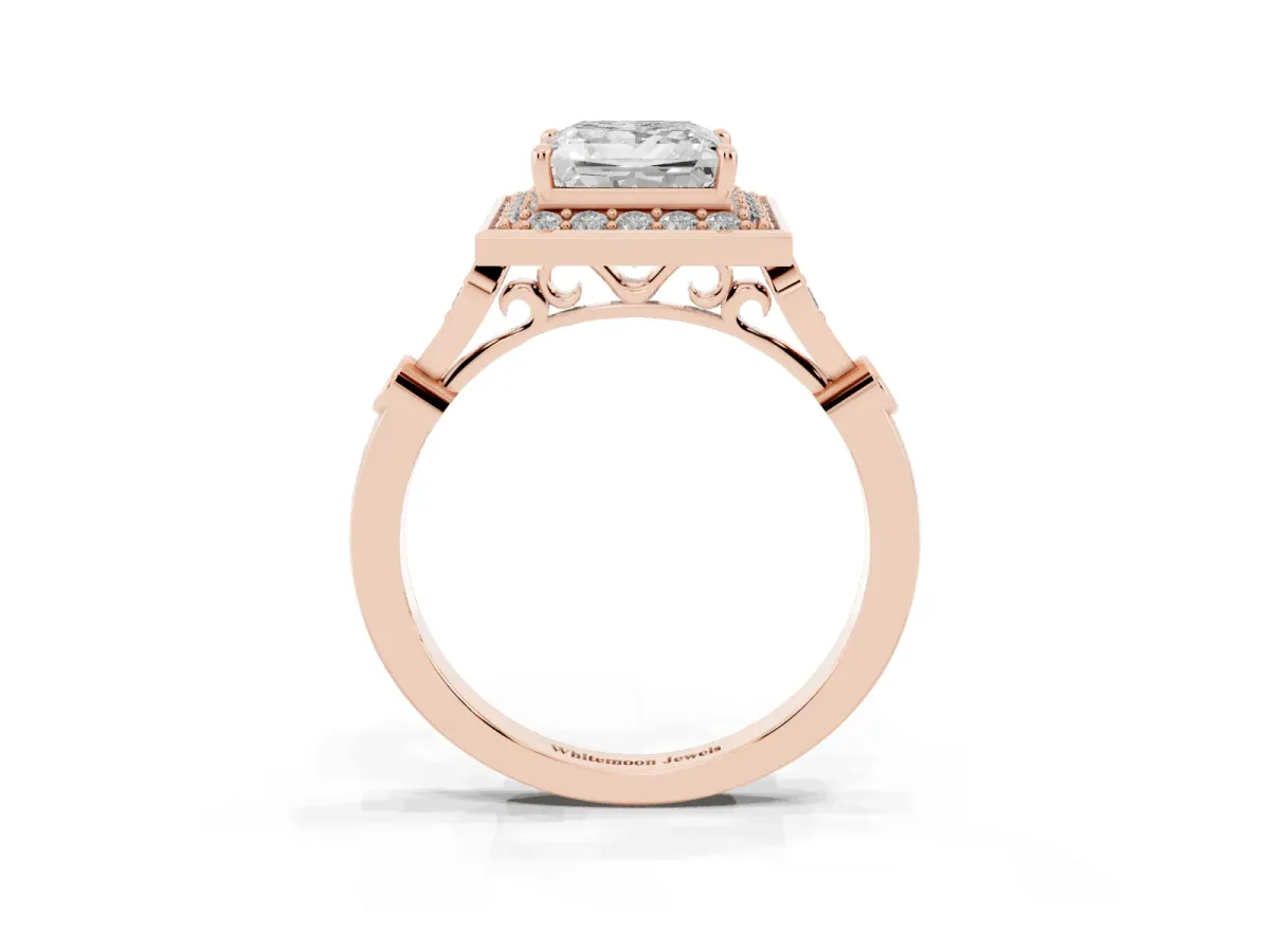 Princess Cut Halo Diamond Engagement Ring with Twisted Band and Four-Prong Setting Rose gold