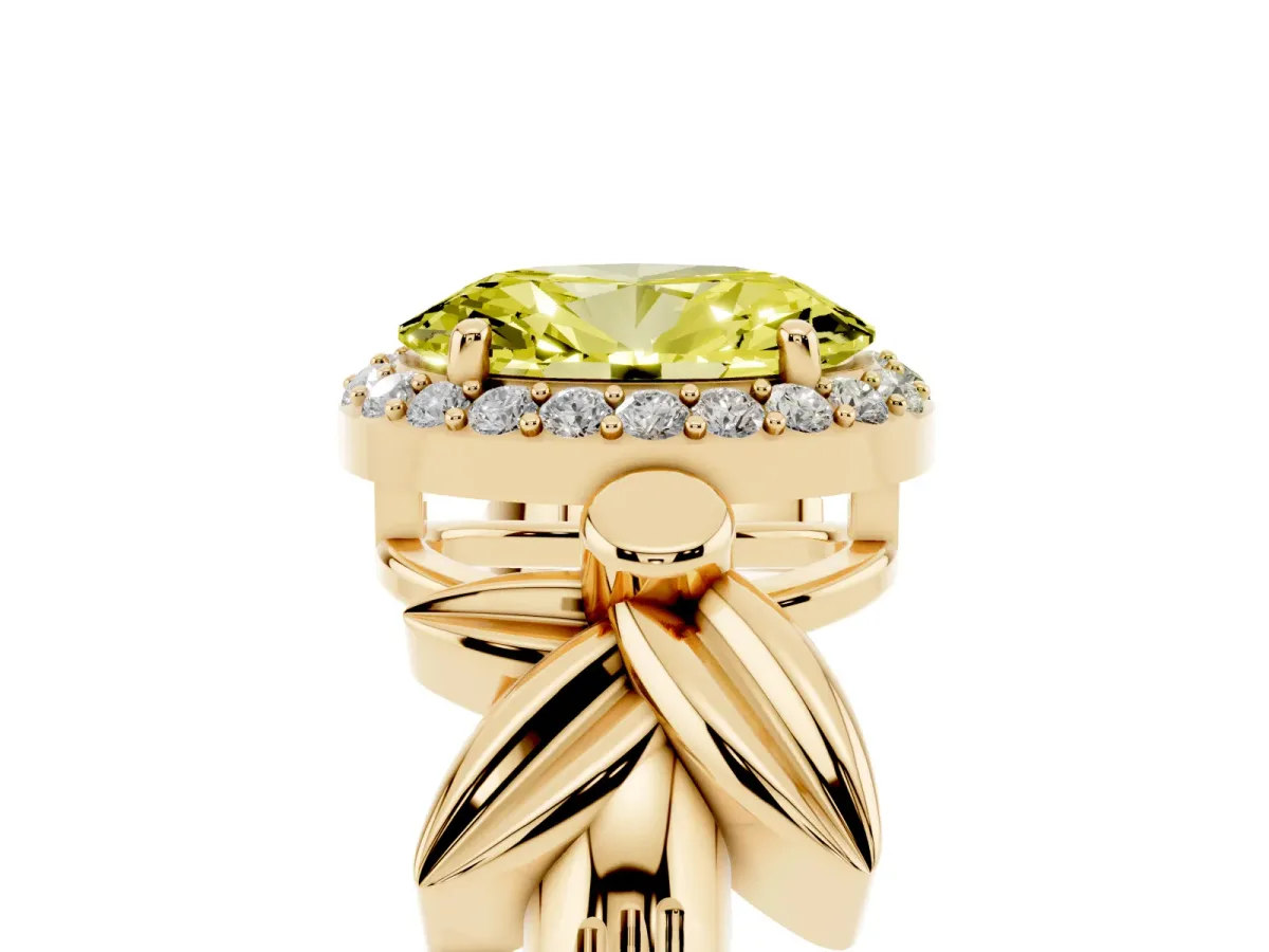 Fancy Yellow Oval Cut Halo Diamond Floral Band with Four-Prong Setting Yellow gold