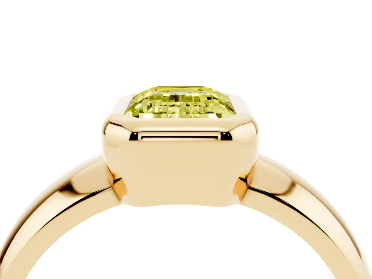 Fancy Yellow Bezel Set Emerald Cut Solitaire Ring with Wide Band Yellow gold