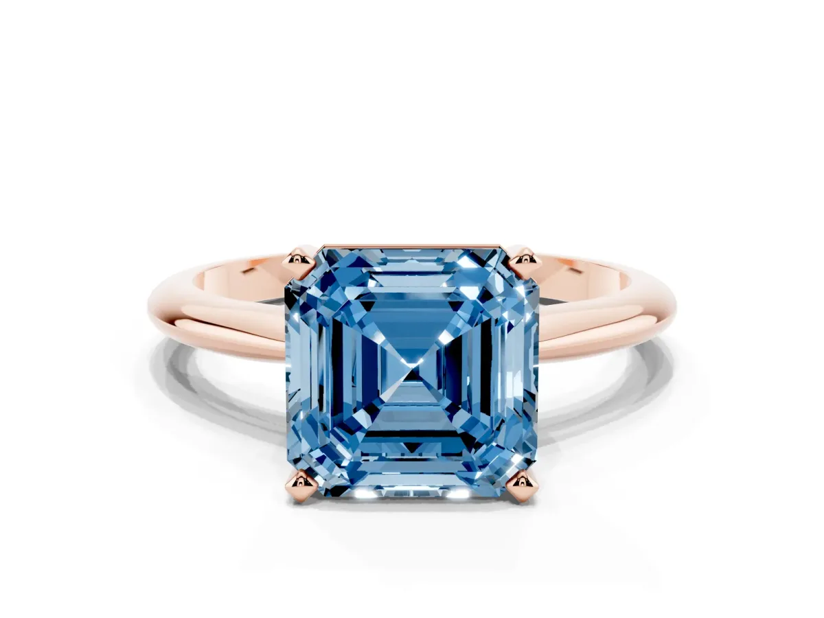 Fancy Blue Asscher Cut Cut Solitaire Ring with Four-Prong Setting on a Classic Band Rose gold