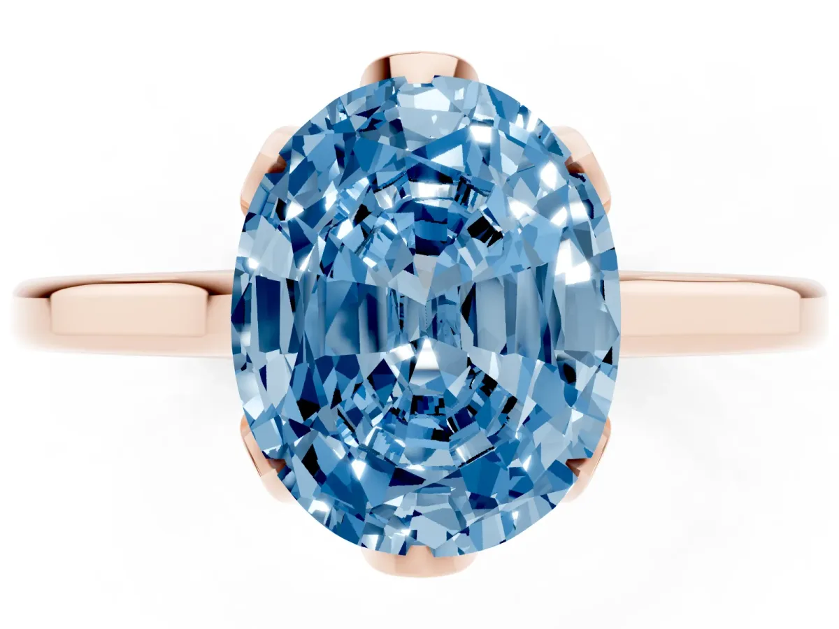 Fancy Blue Oval Cut Diamond Solitaire Ring with Flower Prong Setting and Classic Band Rose gold