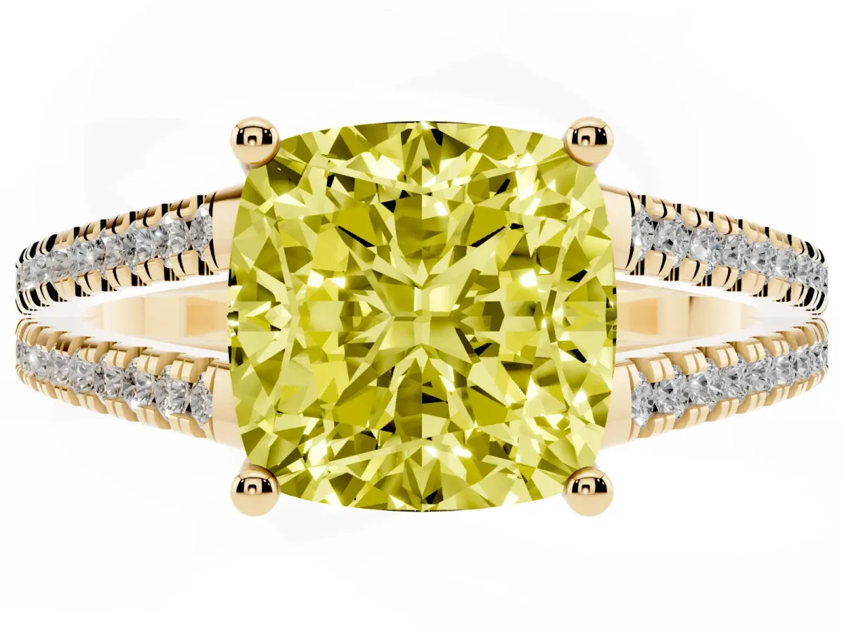 Fancy Yellow Cushion Cut Diamond Solitaire Engagement Ring with Split Shank Pavé Band Yellow gold
