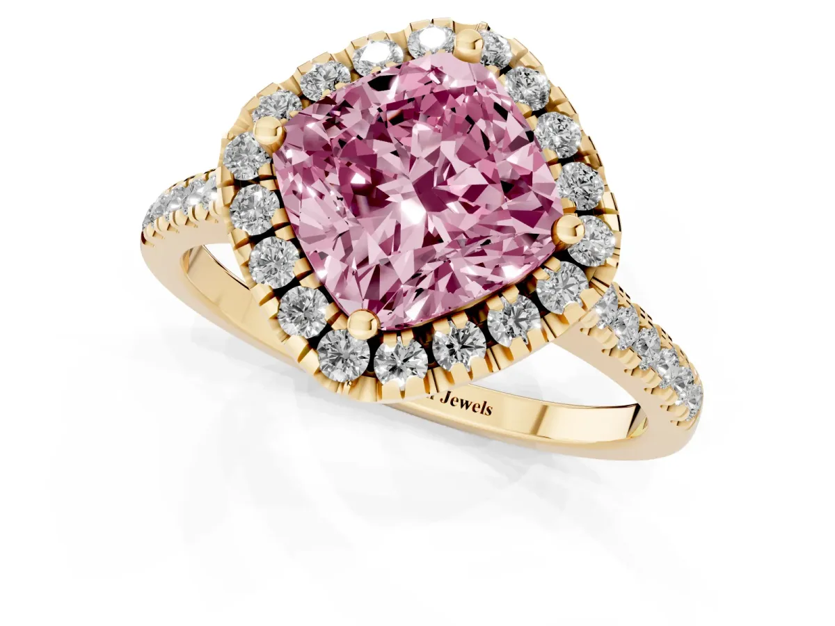 Fancy Pink Cushion Cut Diamond Cushion Halo Ring with Pavé Band Yellow gold