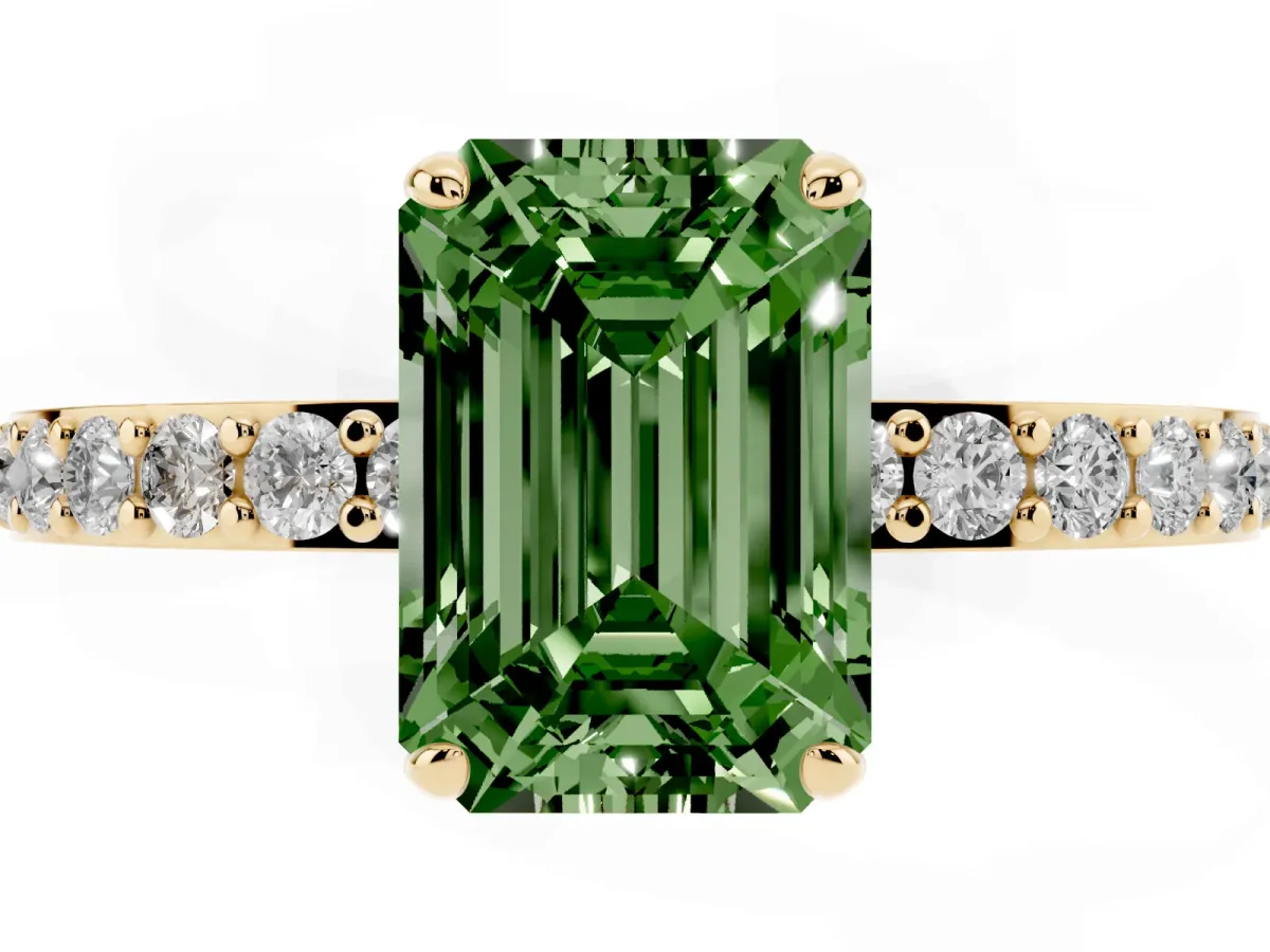 Fancy Green Emerald Cut Diamond Pavé Engagement Ring with Round Accents and Prong Setting Yellow gold
