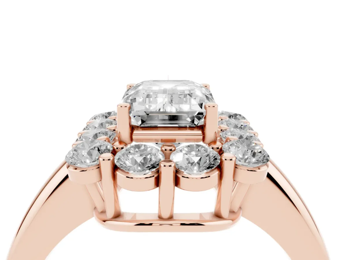 Emerald Cut Halo Cluster Diamond Engagement Ring with Prong Setting and Polished Band Rose gold