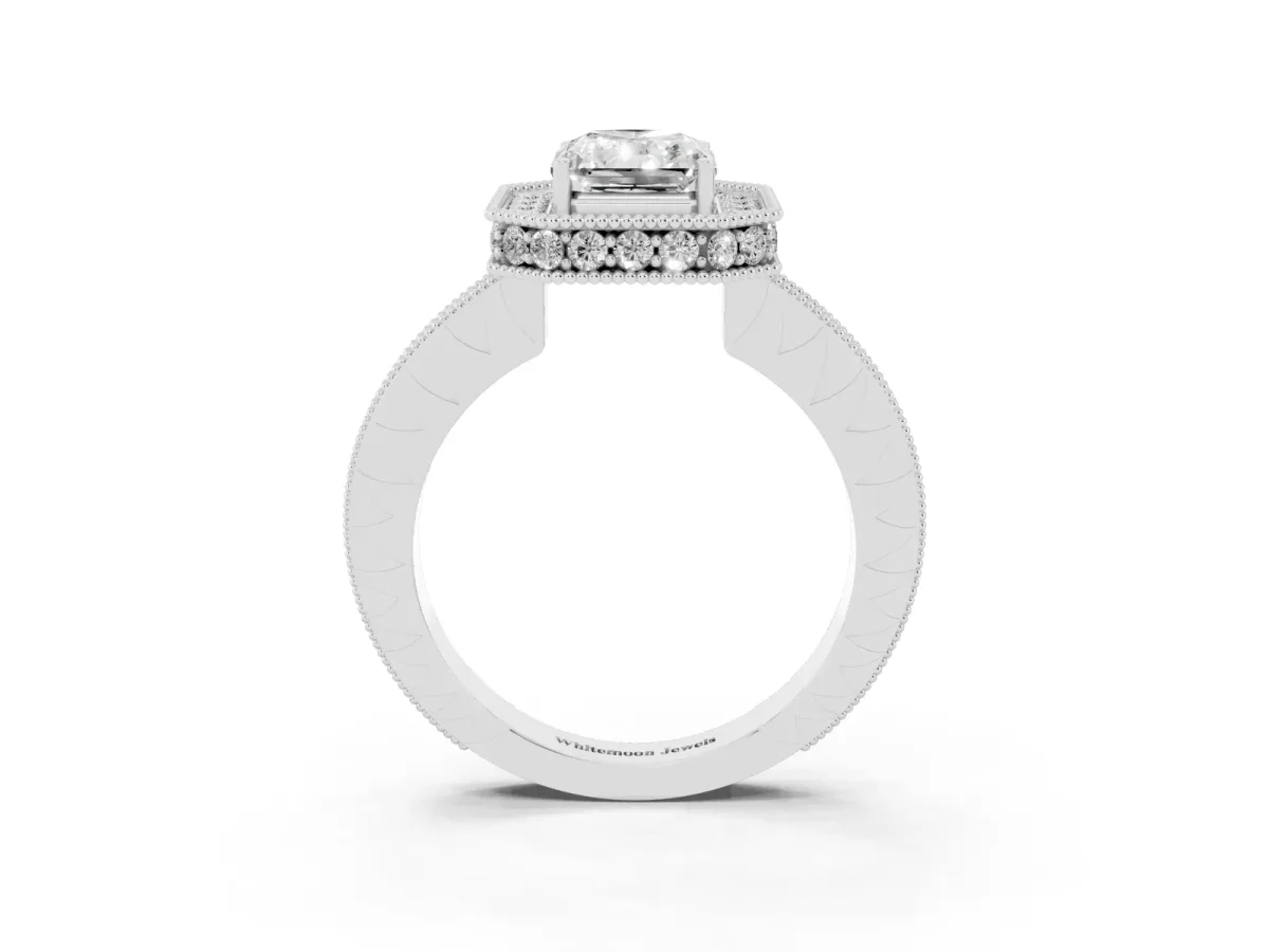 Radiant Cut Diamond Milgrain Halo Engagement Ring with Round Pavé Band and Prong Setting White gold