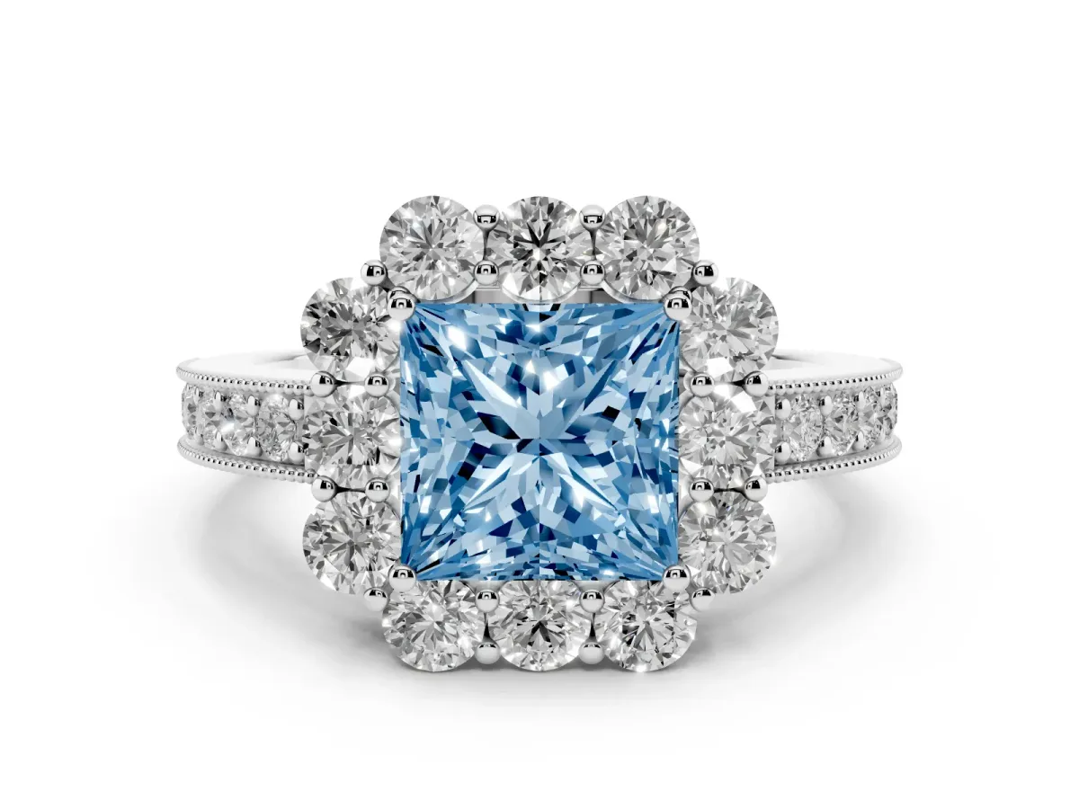 Fancy Blue Princess Cut Cut Halo Diamond Pavé Engagement Ring with Milgrain Detailing Silver
