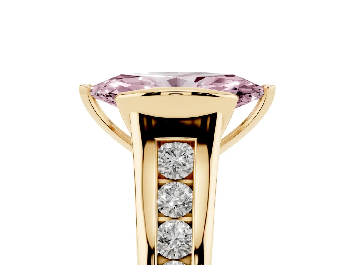 Fancy Pink Marquise Cut Solitaire Bezel-Set Diamond Ring with Channel-Set Band Yellow gold