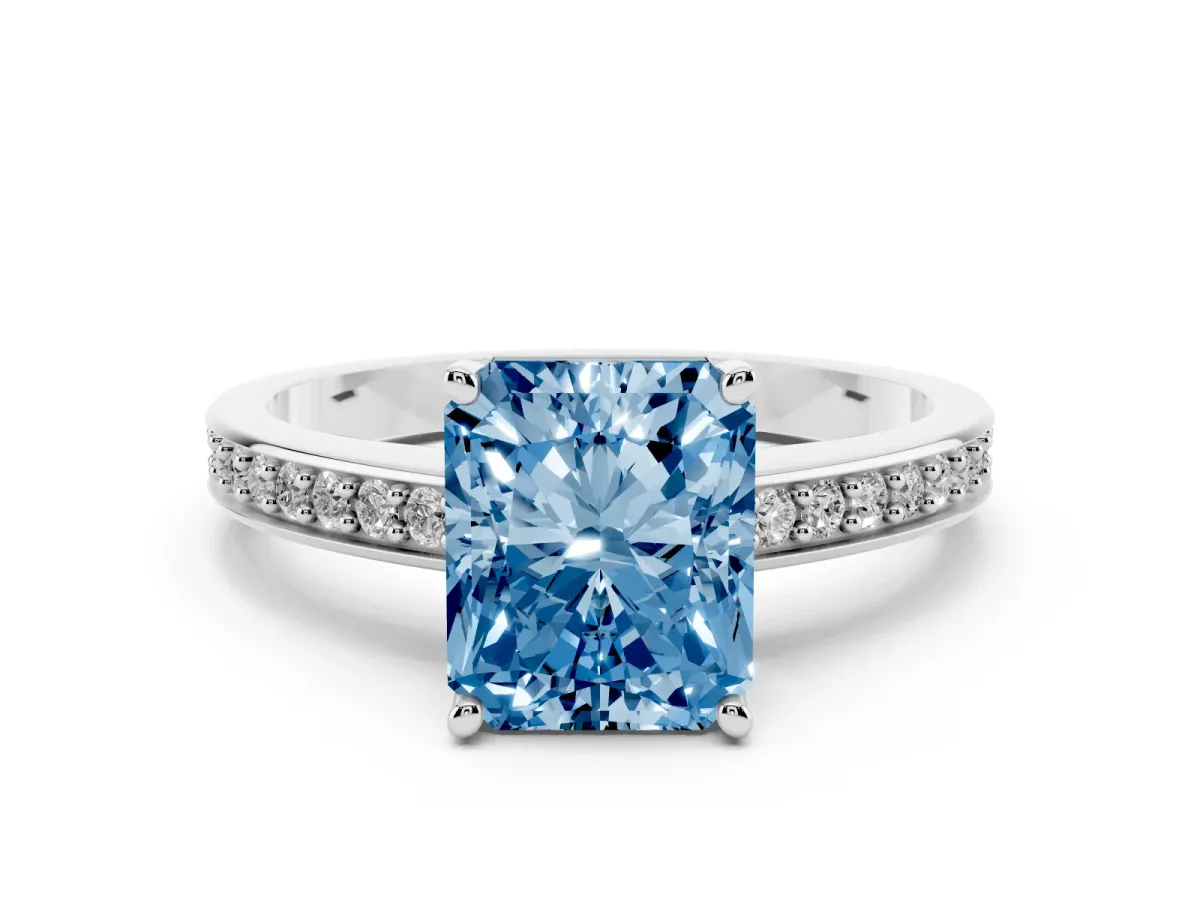 Fancy Blue Radiant Cut Solitaire Pavé Band Prong Setting Ring Platinum