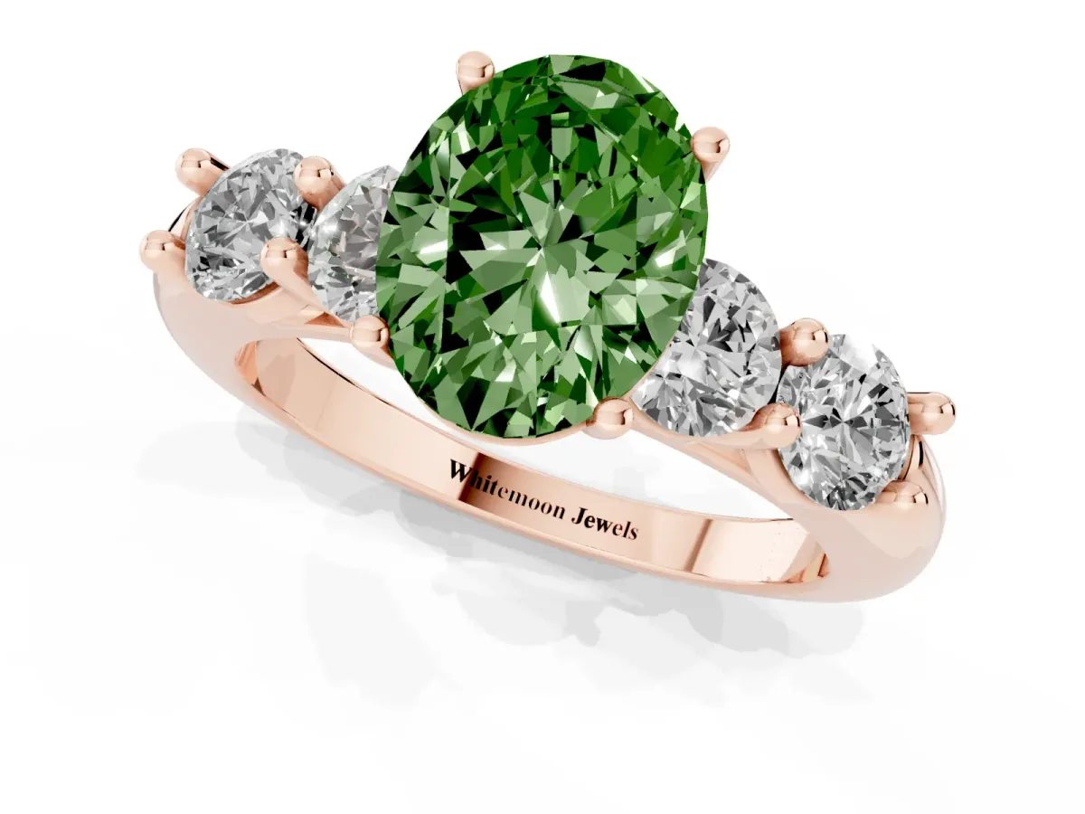Fancy Green Oval Cut Cut Five-Stone Prong Set Diamond Ring with Classic Band Rose gold