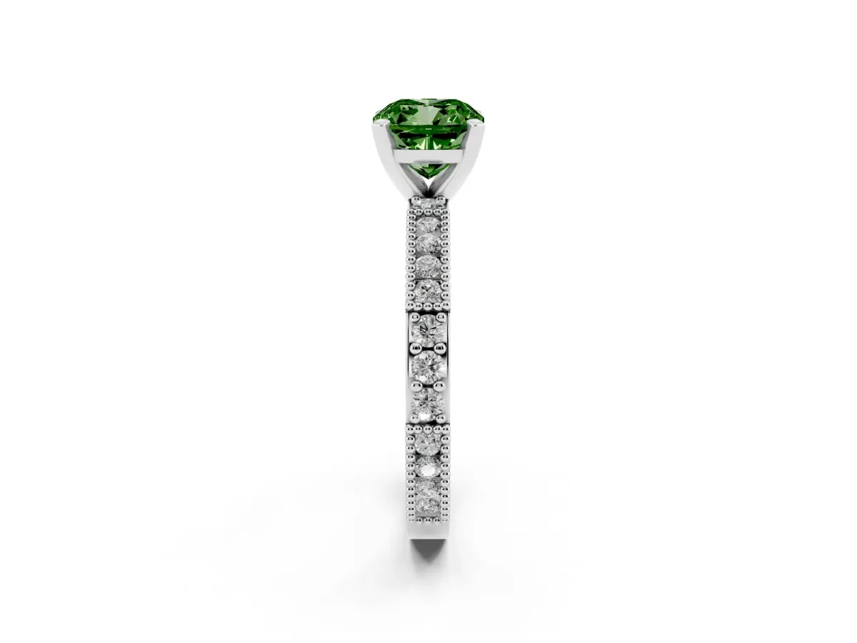 Fancy Green Cushion Cut Solitaire with Pavé Band and Four-Prong Setting Silver