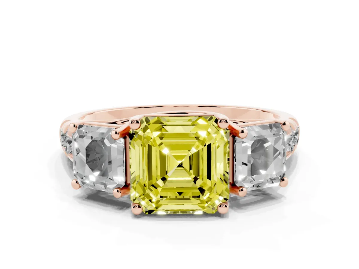 Fancy Yellow Three-Stone Asscher Cut Diamond Pavé Band with Prong Setting Rose gold