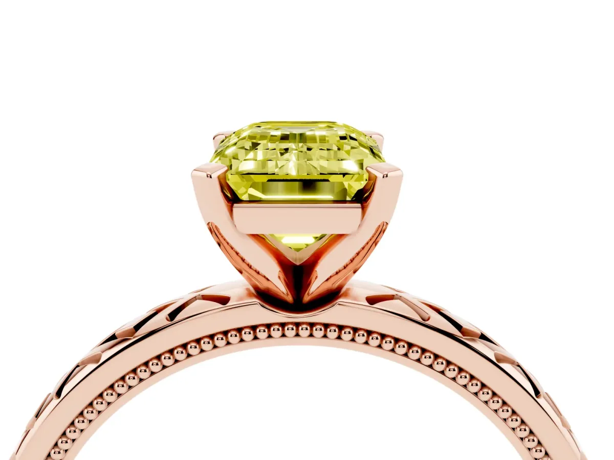 Fancy Yellow Emerald Cut Solitaire Diamond Ring with Milgrain and Black Enamel X Pattern Band Rose gold