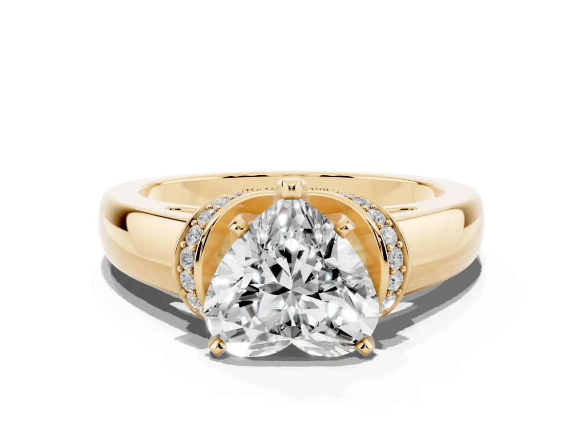 Heart Cut Solitaire Diamond Ring with Pave Band and Six-Prong Setting Yellow gold
