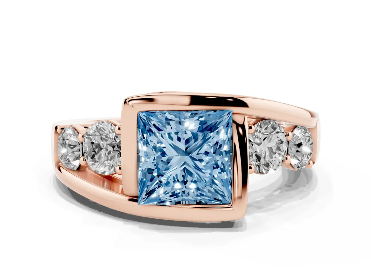 Fancy Blue Bezel Set Princess Cut Diamond Bypass Ring with Round Accents Rose gold