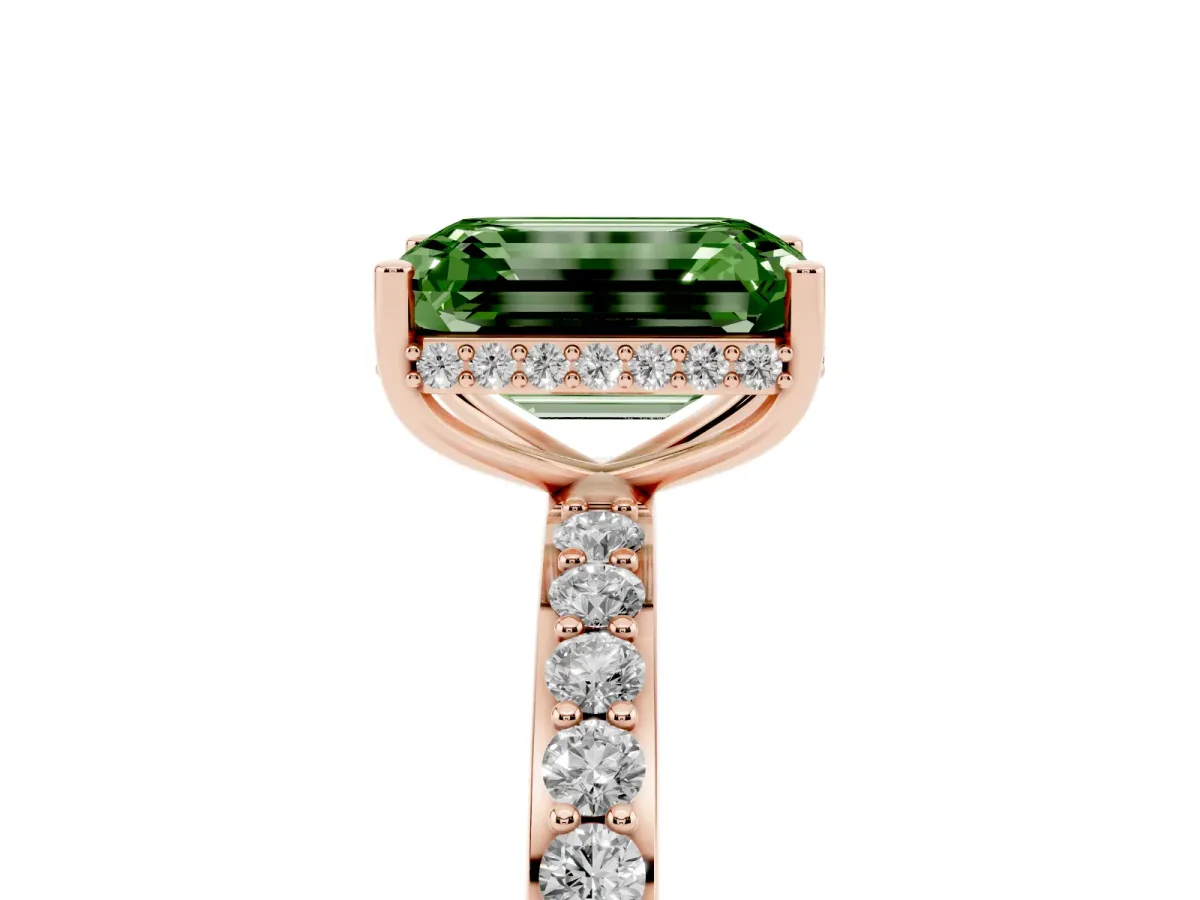 Fancy Green Emerald Cut Diamond Solitaire Ring with Pavé Band and Hidden Halo Rose gold