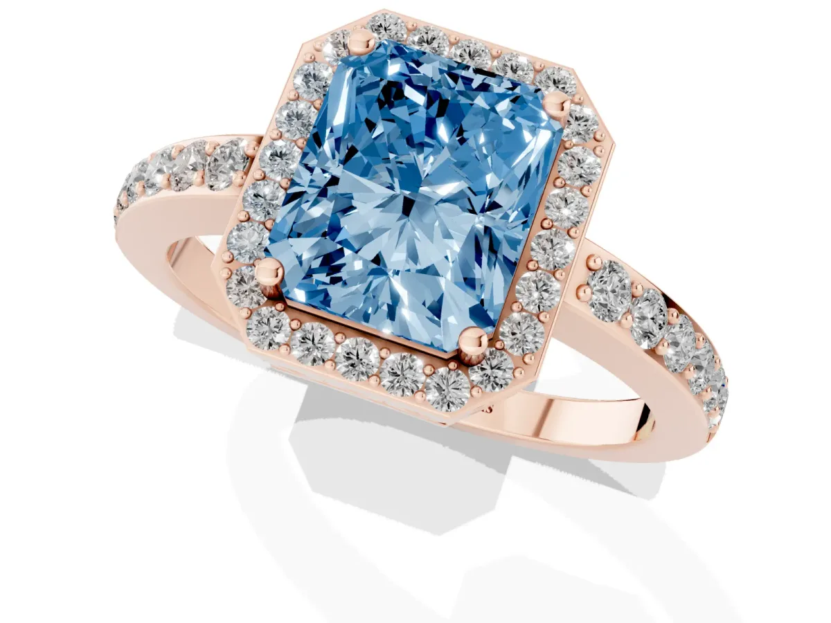 Fancy Blue Radiant Cut Halo Diamond Pavé Band Ring with Prong Setting Rose gold