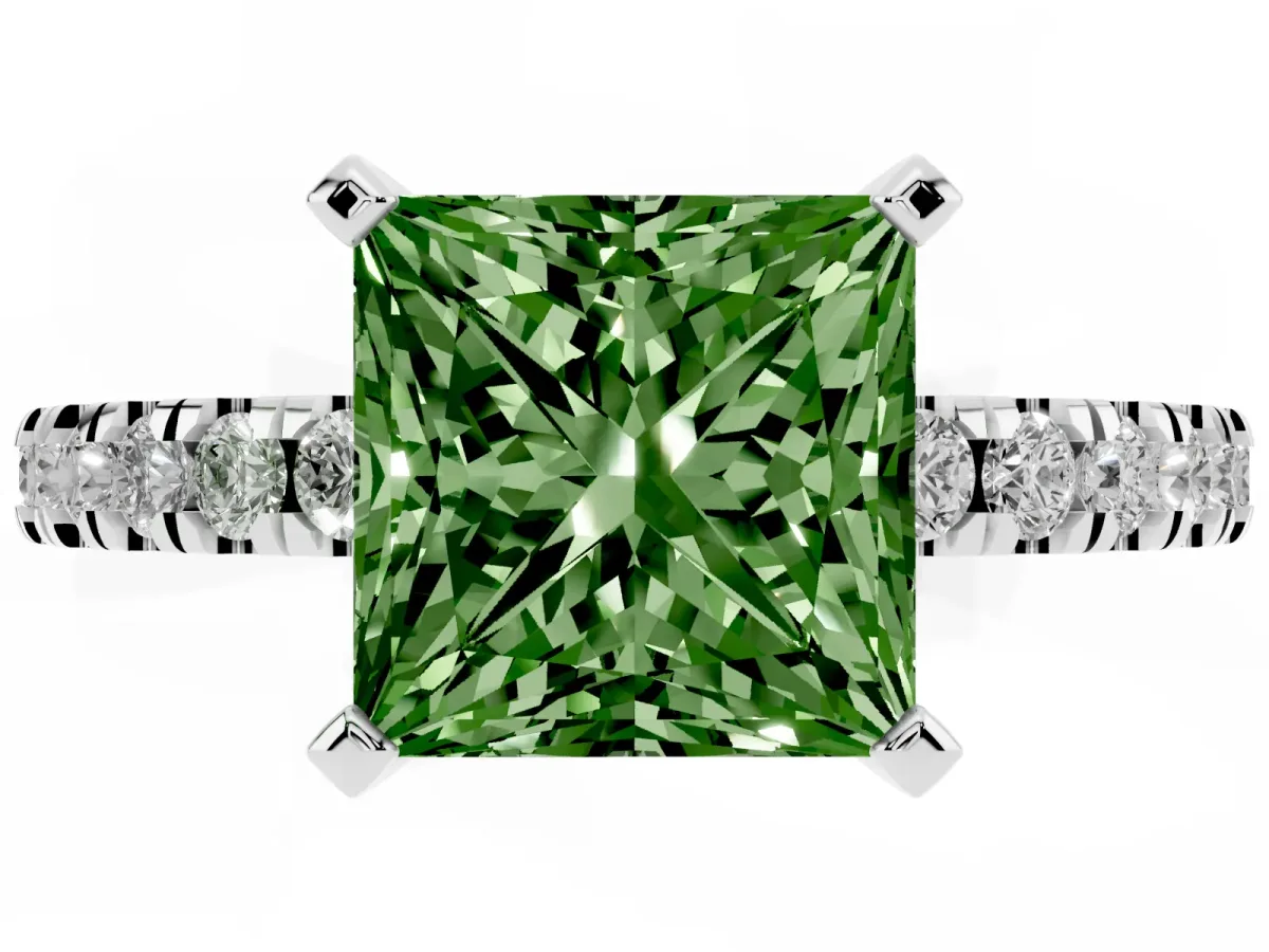 Fancy Green Princess Cut Solitaire Diamond with Pavé Band and Four-Prong Setting Platinum
