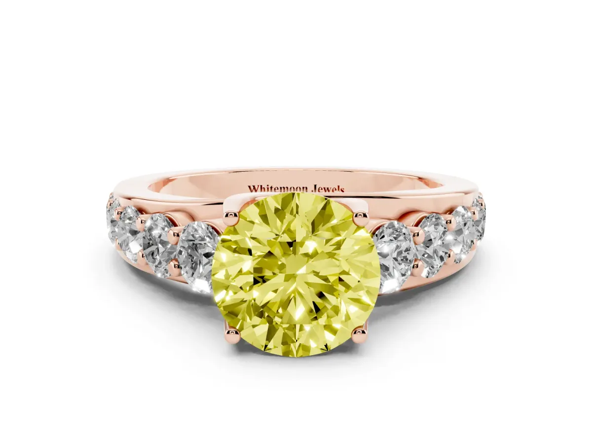Fancy Yellow Round Cut Diamond Engagement Ring with Pavé Band and Four-Prong Setting Rose gold