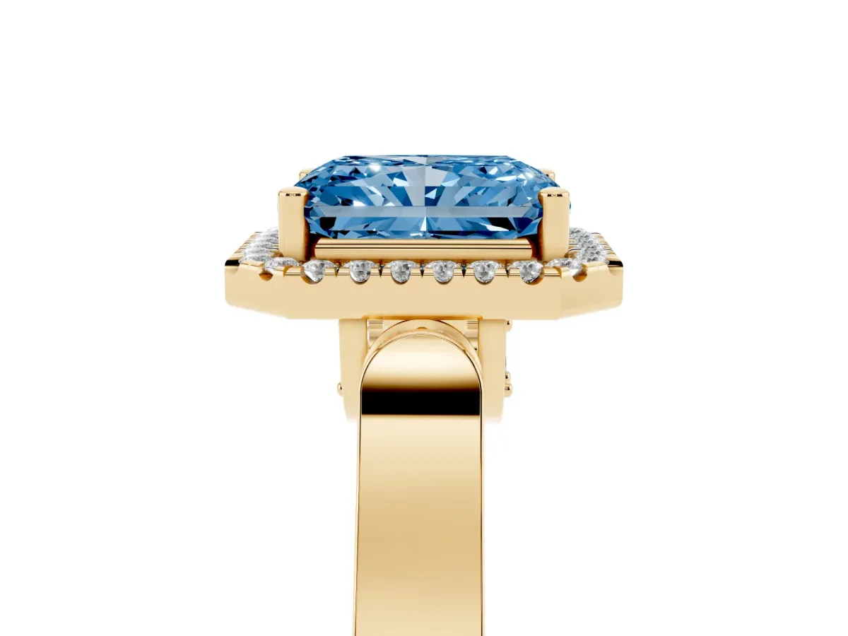 Fancy Blue Radiant Cut Halo Pave Split Shank Prong Setting Ring Yellow gold