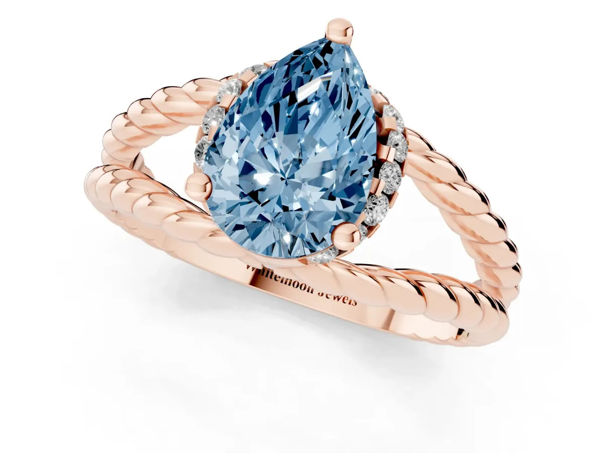 Fancy Blue Pear Cut Halo Twisted Band Four-Prong Ring Rose gold